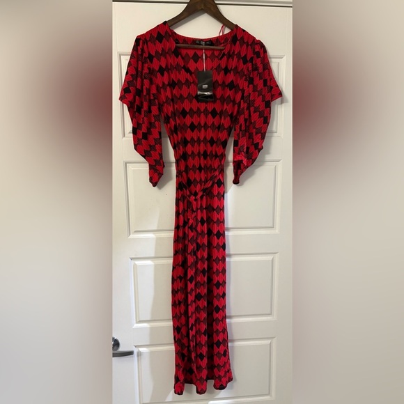 NWT Zara Red Black Belted Tie Geometric Argyle Pattern Chic Maxi‎ Dress Small S - Picture 5 of 7